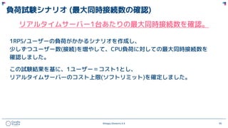 ©Happy Elements K.K 95
負荷試験シナリオ (最大同時接続数の確認)
リアルタイムサーバー1台あたりの最大同時接続数を確認。
1RPS/ユーザーの負荷がかかるシナリオを作成し、
少しずつユーザー数(接続)を増やして、CPU負荷に対しての最大同時接続数を
確認しました。
この試験結果を基に、1ユーザー＝コスト1とし、
リアルタイムサーバーのコスト上限(ソフトリミット)を確定しました。
 