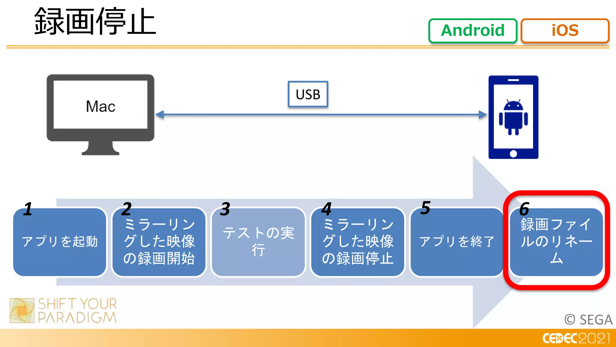 © SEGA
USB
アプリを起動
ミラーリン
グした映像
の録画開始
テストの実
行
ミラーリン
グした映像
の録画停止
アプリを終了
録画ファイ
ルのリネー
ム
1 2 3 4 5 6
録画停止 Android iOS
 