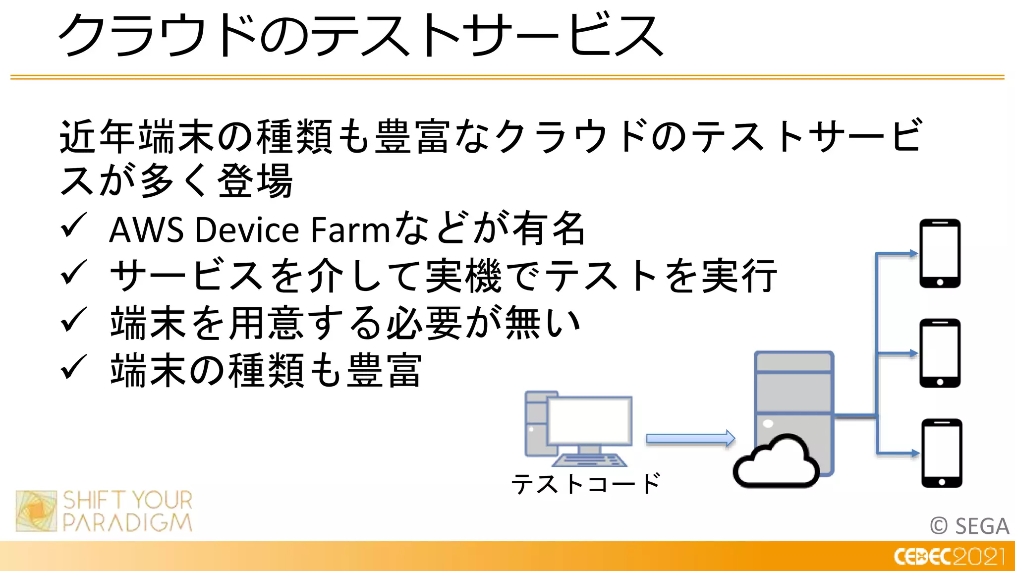 © SEGA
クラウドのテストサービス
近年端末の種類も豊富なクラウドのテストサービ
スが多く登場
 AWS Device Farmなどが有名
 サービスを介して実機でテストを実行
 端末を用意する必要が無い
 端末の種類も豊富
テストコード
 