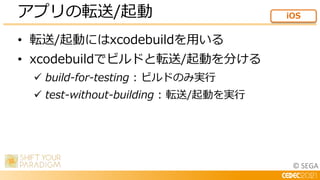 © SEGA
• 転送/起動にはxcodebuildを用いる
• xcodebuildでビルドと転送/起動を分ける
 build-for-testing : ビルドのみ実行
 test-without-building : 転送/起動を実行
アプリの転送/起動 iOS
 