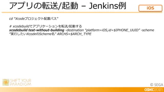 © SEGA
cd “Xcodeプロジェクト配置パス”
# xcodebuildでアプリケーションを転送/起動する
xcodebuild test-without-building -destination “platform=iOS,id=$IPHONE_UUID” -scheme
“実行したいXcodeのScheme名" ARCHS=$ARCH_TYPE
アプリの転送/起動 – Jenkins例 iOS
 