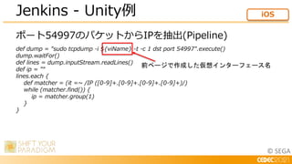 © SEGA
ポート54997のパケットからIPを抽出(Pipeline)
def dump = "sudo tcpdump -i ${viName} -t -c 1 dst port 54997".execute()
dump.waitFor()
def lines = dump.inputStream.readLines()
def ip = "“
lines.each {
def matcher = (it =~ /IP ([0-9]+.[0-9]+.[0-9]+.[0-9]+)/)
while (matcher.find()) {
ip = matcher.group(1)
}
}
Jenkins - Unity例 iOS
前ページで作成した仮想インターフェース名
 