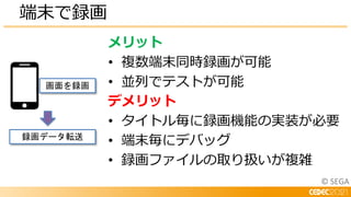 © SEGA
端末で録画
メリット
• 複数端末同時録画が可能
• 並列でテストが可能
デメリット
• タイトル毎に録画機能の実装が必要
• 端末毎にデバッグ
• 録画ファイルの取り扱いが複雑
画面を録画
録画データ転送
 