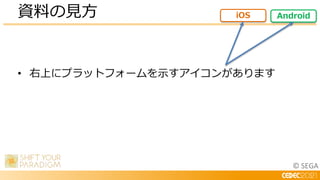 © SEGA
• 右上にプラットフォームを示すアイコンがあります
資料の見方 Android
iOS
 