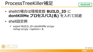 © SEGA
• shellの場合は環境変数 BUILD_ID に
dontKillMe プロセスパス(名) を入れて回避
• shell設定例
 export BUILD_ID=dontKillMe scrcpy
nohup scrcpy <options> &
ProcessTreeKiller補足 Android
 