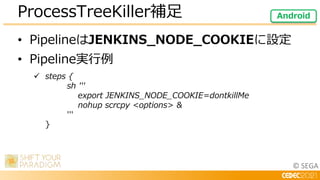 © SEGA
• PipelineはJENKINS_NODE_COOKIEに設定
• Pipeline実行例
 steps {
sh '''
export JENKINS_NODE_COOKIE=dontkillMe
nohup scrcpy <options> &
'''
}
ProcessTreeKiller補足 Android
 