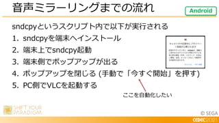 © SEGA
sndcpyというスクリプト内で以下が実行される
1. sndcpyを端末へインストール
2. 端末上でsndcpy起動
3. 端末側でポップアップが出る
4. ポップアップを閉じる (手動で「今すぐ開始」を押す)
5. PC側でVLCを起動する
音声ミラーリングまでの流れ Android
ここを自動化したい
 