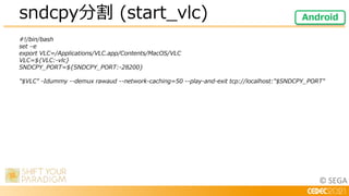 © SEGA
#!/bin/bash
set –e
export VLC=/Applications/VLC.app/Contents/MacOS/VLC
VLC=${VLC:-vlc}
SNDCPY_PORT=${SNDCPY_PORT:-28200}
"$VLC" -Idummy --demux rawaud --network-caching=50 --play-and-exit tcp://localhost:"$SNDCPY_PORT"
sndcpy分割 (start_vlc) Android
 