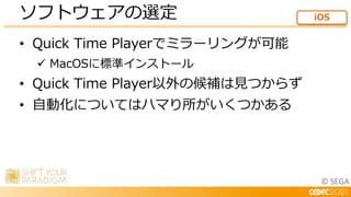 © SEGA
• Quick Time Playerでミラーリングが可能
 MacOSに標準インストール
• Quick Time Player以外の候補は見つからず
• 自動化についてはハマり所がいくつかある
ソフトウェアの選定 iOS
 
