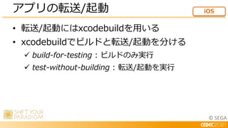 © SEGA
• 転送/起動にはxcodebuildを用いる
• xcodebuildでビルドと転送/起動を分ける
 build-for-testing : ビルドのみ実行
 test-without-building : 転送/起動を実行...