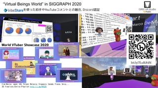 “Virtual Beings World” in SIGGRAPH 2020
を使った拍手やYouTubeコメントとの融合, Discord認証
bit.ly/7LuRA4N
 