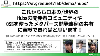 これからも日本の/世界の
Hubsの開発者コミュニティや
OSSを使ったメタバース開発事例の共有
に貢献できればと思います！
（Hubsのみに限ったことではなくOSSを利用する日本人に共有したいマインド）
【ご連絡はこちらまで】 jp-gi-vr@gree.net
駒崎拓斗 グリー株式会社開発本部リードエンジニア
堀部貴紀 REALITY株式会社/明治大学大学院(インターン)
白井暁彦 REALITY株式会社 GREE VR Studio Lab.
https://vr.gree.net/lab/demo/hubs/
 