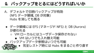 A. デフォルトで日時バックアップが有効
(NFS データ領域, DB が対象)
Hubs を消しても残る
● データ領域には EFS (マネージド NFS) と DB (Aurora)
が使われる
○ VM ローカルにはユーザデータ保存されない
■ VM はいつでも入れ替え可能
● バックアップデータ参照はいつでも可能
● 完全レストア時には Hubs をまるごと作り直す
Q. バックアップをとるにはどうすればいいか
 
