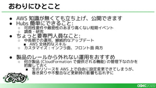 ● AWS 知識が無くても立ち上げ、公開できます
● Hubs 簡単にできること:
○ 可用性要件や厳密性のあまり高くない短期イベント
○ 調査・研究
● ちょっと要専門人員なこと:
○ 中長期での運用、継続的なアップデート
■ AWS 全体的なスキル
○ カスタマイズ : インフラ面、フロント面 両方
● 製品のレールから外れない運用をおすすめ
○ 何が製品 (CloudFormation で提供される機能) の管理下なのかを
把握しておく
■ 生のリソースを AWS 上で自由に設定変更できてしまうが、
巻き戻りや不整合など更新時の影響も忘れずに
おわりにひとこと
 