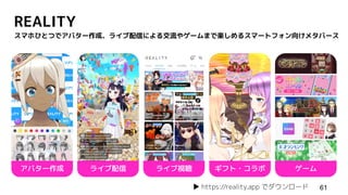 REALITY
スマホひとつでアバター作成、ライブ配信による交流やゲームまで楽しめるスマートフォン向けメタバース
アバター作成 ライブ視聴 ギフト・コラボ
ライブ配信 ゲーム
61
▶ https://reality.app でダウンロード
 