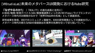 「なぜやるのか?」（「REALITY」の進化成長と並列に）
AI技術/触覚/新規デバイス/UGC/異業種連携といったVR/XR/VTuber/ライブエンタメ/
メタバース時代のUX開発のなかで「世界のWebXRの先端」として調査探求。
研究成果を発信、OSSでのコミュニティ貢献や、B2B2C研究開発としての貢献を行い、
メタバース時代の新たなR&Dの価値創出を業界の先陣を切って切り拓いていく。
▲https://j.mp/VRSYT ▲Hubs内でのコンテスト “VTech Challenge” ▲最新作 ”MetaDreamers:AIFusion”
[VRStudioLab]未来のメタバースUX開発におけるHubs研究
 