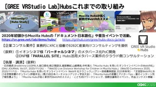 2020年初頭からMozilla Hubsの「ドキュメント日本語化」や普及イベントで活動。
https://vr.gree.net/lab/demo/hubs/ https://github.com/gree/hubs-docs-jp/wiki
【企業コンサル案件】業務的にXRCと協働でB2B2C産業向けコンサルティングを提供
（抜粋）①イオンシネマ様「バーチャルシネマ」のメタバース化PoC開発
②DNP様「PARALLEL SITE」Hubs活用メタバース案件のクラウド側コンサルテーション
【執筆・講演】(抜粋)
・白井暁彦,Bredikhina LIUDMILA,坂口塔也,栢之間諒汰,堀部貴紀,山崎勇祐,中村清人「Mozilla Hubs を用いたオンラインイベントのWebVR化」
(DHU JOURNAL Vol.07, 2020/11/26) ・「Web3D Live Distance Workshop for Children in Mozilla Hubs」 (Web3D Conference 2020,
2020/11/12)・「Mozilla Hubs を用いたオンラインイベント WebVR 化テクニック」(グリー技術書典部誌 2020年秋号)・「交流型WebVRにお
ける空間音響のオンライン評価手法」(第25回日本バーチャルリアリティ学会大会)・「Mozilla Hubsの音響とアバターTips – 夏のインターン完
了報告書より」・「Mozilla Hubsが拓く新世代WebVRのススメ」・こども向けワークショップ、国際会議等のイベント、作品コンテスト開催…
[GREE VRStudio Lab]Hubsこれまでの取り組み
 