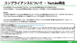 コンプライアンスについて - Youtube再生
Hubs空間内でYoutubeを再生するのは、Youtube利用規約違反となる可能性がある。
どのような場合に、Youtube利用規約の違反になるのか、その場合、どのような回避方法があるか。
【回答】
この改定で基本的に YouTubeの動画をダウンロードすることは規約違反となりましたが、 2018年11月14日から
「You Tube Premium」の登場によって動画ダウンロードが合法的にできるようになった。
YouTube以外の動画利用としては、 Twitch等のライブストリーミングの利用（各種方法があります）、またシーン
ファイルへのMPEGファイルの埋め込みで回避可能。
現行のYouTube利用規約よりhttps://www.youtube.com/static?template=terms&hl=ja&gl=JP
本サービスの利用には制限があり、以下の行為が禁止されています。
本サービスまたはコンテンツのいずれかの部分に対しても、アクセス、複製、ダウンロード、配信、送信、放送、展示、販売、ライセンス供与、改変、修正、またはその他
の方法での使用を行うこと。ただし、（
a）本サービスによって明示的に承認されている場合、または（
b）YouTube および（適用される場合）各権利所持者が事前に書
面
で許可している場合を除きます。
本サービスのいずれかの部分を迂回、無効化、不正利用、またはその他の方法で妨害すること（またはこれらのいずれかを試みること）。なお、この「本サービスのい
ずれかの部分」には、セキュリティ関連の機能、または（
a）コンテンツのコピーもしくはその他の利用法を防止もしくは制限する機能、もしくは（
b）本サービスもしくはコン
テンツの利用を制限する機能が含まれます。
過去の利用規約より(Mar 26, 2018)
いかなる動画であっても、
YouTubeの動画をダウンロードすることは規約で禁止されています。
お客様は、「ダウンロード」または同様のリンクが本コンテンツについて
本サービス上でYouTubeにより表示されている場合を除き、いかなる本コンテンツもダウンロードしてはなりません。
 