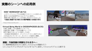 実際のシーンへの応用例
KIDS’ WORKSHOP (8/12)
このワークショップでは会場を3つのゾーンに区切った
基本となる会話音声はLinearモデルに設定し、
減衰の終了地点をゾーンの半径に合わせて15mとした
→自由に発言する子供たちの発声練習にも対応できた
課題：今後同様の実験をされる方へ…
(1) 減衰開始地点を0mに設定したInverseで実験を行う
(2) LinearモデルでRolloﬀ Factorを1以下に設定してInverseモデルと比較する
Virtual Being World in SIGGRAPH2020 (8/25)
左側に設置してある動画サイネージと
会場右側に設置してある登壇ステージで
音声が重ならないように設定してある
→多言語の参加者向け、ピッチコンテストに混ざらない
十分な広さとサイネージ、ギャラリーの設計に貢献。
https://hubs.mozilla.com/7LuRA4N/virtual-beings-world
https://hubs.mozilla.com/
 