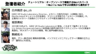 白井暁彦 @o_ob
GREE VR Studio Laboratory, Director。メタバース時代のR&D・UX開発に加え、
Mozilla Hubsドキュメントの日本語化、デジハリ大学院での「メタバース年賀状」や、
企業向けメタバース技術のコンサルティングや普及活動を行っている。
堀部貴紀
2019年10月より、GREE VR Studio Laboratoryに参加。これまで『転声こえうらな
い』(https://vr.gree.net/lab/vc/)利用者の音声分析やボイスチェンジャーのiOS実装や
高速化、XRメタバースでのUX開発、特に音声体験を担当。
駒崎拓斗
現在、グリー株式会社 開発本部所属。インフラエンジニアとしてサーバ環境の立ち上
げ・運用などを担当。
登壇者紹介
チュートリアル：オープンソースで構築するWebメタバース
～Mozilla Hubsで学ぶUX開発から運用まで
 