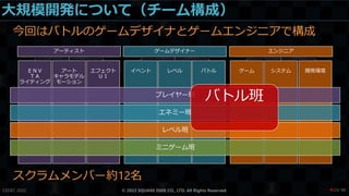 大規模開発について（チーム構成）
今回はバトルのゲームデザイナとゲームエンジニアで構成
スクラムメンバー約12名
CEDEC 2022 © 2022 SQUARE ENIX CO., LTD. All Rights Reserved.
アーティスト
ＥＮＶ
ＴＡ
ライティング
アート
キャラモデル
モーション
エフェクト
ＵＩ
ゲームデザイナー
イベント レベル バトル
エンジニア
ゲーム システム 開発環境
プレイヤー班
エネミー班
レベル班
ミニゲーム班
バトル班
/ 90
❤23
 