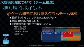 大規模開発について（チーム構成）
持ち帰りポイント
⚜ゲーム開発におけるスクラムチーム構成
♜正解はわからないし決まったものはない
♜構成は無限に考えられる
♜目的や状況に合わせて構成してみる
• セクション横断
• エンジニアのみ
• アーティストのみ
• ミニゲーム
CEDEC 2022 © 2022 SQUARE ENIX CO., LTD. All Rights Reserved. / 90
❤28
 