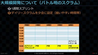 大規模開発について（バトル班のスクラム）
CEDEC 2022 © 2022 SQUARE ENIX CO., LTD. All Rights Reserved.
⚜1週間スプリント
⚜デイリースクラムを夕会に設定（揃いやすい時間帯）
月曜日 火曜日 水曜日 木曜日 金曜日
10:00
11:00
12:00
13:00
14:00
15:00 スプリント
レビュー会
16:00 スプリント
プランニング
夕会 夕会 夕会 夕会
ふりかえり会
17:00
/ 90
❤30
 