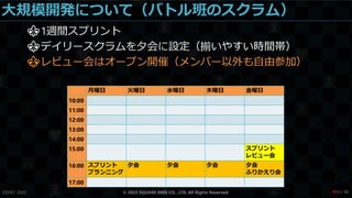 大規模開発について（バトル班のスクラム）
CEDEC 2022 © 2022 SQUARE ENIX CO., LTD. All Rights Reserved.
⚜1週間スプリント
⚜デイリースクラムを夕会に設定（揃いやすい時間帯）
⚜レビュー会はオープン開催（メンバー以外も自由参加）
月曜日 火曜日 水曜日 木曜日 金曜日
10:00
11:00
12:00
13:00
14:00
15:00 スプリント
レビュー会
16:00 スプリント
プランニング
夕会 夕会 夕会 夕会
ふりかえり会
17:00
/ 90
❤31
 
