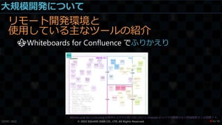 大規模開発について
リモート開発環境と
使用している主なツールの紹介
⚜Whiteboards for Confluence でふりかえり
CEDEC 2022 © 2022 SQUARE ENIX CO., LTD. All Rights Reserved. / 90
❤36
 