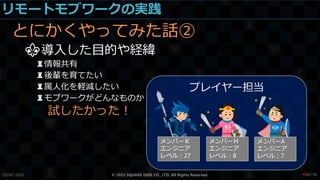 リモートモブワークの実践
とにかくやってみた話②
⚜導入した目的や経緯
♜情報共有
♜後輩を育てたい
♜属人化を軽減したい
♜モブワークがどんなものか
試したかった！
CEDEC 2022 © 2022 SQUARE ENIX CO., LTD. All Rights Reserved. / 90
❤43
 