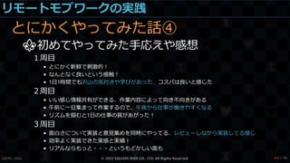 リモートモブワークの実践
とにかくやってみた話④
⚜初めてやってみた手応えや感想
１周目
• とにかく新鮮で刺激的！
• なんとなく良いという感触！
• 1日1時間でも沢山の気付きや学びがあった、コスパは良いと感じた
２周目
• いい感じ情報共有ができる、作業内容によって向き不向きがある
• 午前に一旦集まって作業するので、午後から仕事が働きやすくなる
• リズムを掴むと1日の仕事の質があがった！
３周目
• 面白さについて実装と意見集めを同時にやってる、レビューしながら実装してる感じ
• 効率よく実装できた実感と実績！
• リアルならもっと・・・というもどかしい面も
CEDEC 2022 © 2022 SQUARE ENIX CO., LTD. All Rights Reserved. / 90
❤51
 