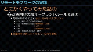 リモートモブワークの実践
とにかくやってみた話⑦
⚜改善内容の紹介～グランドルール変遷②
♜毎朝11時から60分×1または30分×2スプリント
• 11:00 開始～今日の内容を決める
• 11:05 作業開始 (45分)｜作業開始B1 (20分)
• 11:25 ｜レビュー
• 11:30 ｜作業開始B2 (20分)
• 11:50 今日のふりかえり～終了
♜作業枠を分割してドライバー交代を実現
CEDEC 2022 © 2022 SQUARE ENIX CO., LTD. All Rights Reserved. / 90
❤60
 
