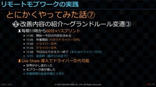 リモートモブワークの実践
とにかくやってみた話⑦
⚜改善内容の紹介～グランドルール変遷③
♜毎朝11時から60分×1スプリント
• 11:00 開始～今日の内容を決める
• 11:05 作業開始 (15分でドライバー交代)
• 11:20 ドライバー交代
• 11:35 ドライバー交代
• 11:50 今日のふりかえり～終了（またはドライバー交代）
• 12:05 延長枠（最大12:30まで）
♜Live Share 導入でドライバー交代可能
• 世界が少し変わった
• モブワーク感が増した
• 作業時間の延長が増えてきた
CEDEC 2022 © 2022 SQUARE ENIX CO., LTD. All Rights Reserved. / 90
❤61
 