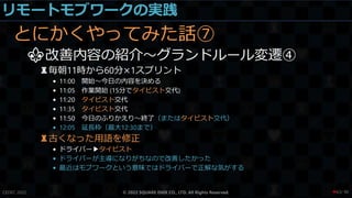 リモートモブワークの実践
とにかくやってみた話⑦
⚜改善内容の紹介～グランドルール変遷④
♜毎朝11時から60分×1スプリント
• 11:00 開始～今日の内容を決める
• 11:05 作業開始 (15分でタイピスト交代)
• 11:20 タイピスト交代
• 11:35 タイピスト交代
• 11:50 今日のふりかえり～終了（またはタイピスト交代）
• 12:05 延長枠（最大12:30まで）
♜古くなった用語を修正
• ドライバー▶タイピスト
• ドライバーが主導になりがちなので改善したかった
• 最近はモブワークという意味ではドライバーで正解な気がする
CEDEC 2022 © 2022 SQUARE ENIX CO., LTD. All Rights Reserved. / 90
❤63
 
