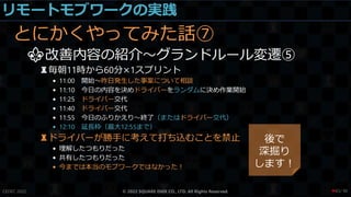 リモートモブワークの実践
とにかくやってみた話⑦
⚜改善内容の紹介～グランドルール変遷⑤
♜毎朝11時から60分×1スプリント
• 11:00 開始～昨日発生した事案について相談
• 11:10 今日の内容を決めドライバーをランダムに決め作業開始
• 11:25 ドライバー交代
• 11:40 ドライバー交代
• 11:55 今日のふりかえり～終了（またはドライバー交代）
• 12:10 延長枠（最大12:55まで）
♜ドライバーが勝手に考えて打ち込むことを禁止
• 理解したつもりだった
• 共有したつもりだった
• 今までは本当のモブワークではなかった！
CEDEC 2022 © 2022 SQUARE ENIX CO., LTD. All Rights Reserved.
後で
深掘り
します！
/ 90
❤65
 