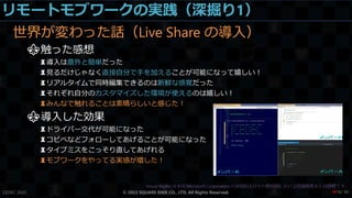 リモートモブワークの実践（深掘り1）
世界が変わった話（Live Share の導入）
⚜触った感想
♜導入は意外と簡単だった
♜見るだけじゃなく直接自分で手を加えることが可能になって嬉しい！
♜リアルタイムで同時編集できるのは新鮮な感覚だった
♜それぞれ自分のカスタマイズした環境が使えるのは嬉しい！
♜みんなで触れることは素晴らしいと感じた！
⚜導入した効果
♜ドライバー交代が可能になった
♜コピペなどフォローしてあげることが可能になった
♜タイプミスをこっそり直してあげれる
♜モブワークをやってる実感が増した！
CEDEC 2022 © 2022 SQUARE ENIX CO., LTD. All Rights Reserved. / 90
❤76
 
