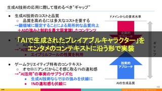 Copyright (C) 2022 DeNA Co.,Ltd. All Rights Reserved.
生成AI技術の応用に際して埋めるべき”ギャップ” 
AIの生成品質 
ドメインからの要求水準  
ギ
ャ
ッ
プ 
● 生成AI技術のコストと品質 
○ 品質を高めるには多大なコストを要する 
→顔領域に限定することによる局所的な品質向上 
　＋AIの強みと制約を最大限意識したコンテンツ 
 
● “AI活用”を目的に据えることの難しさ 
○ AI活用という手段を選ぶ合理性が問われる 
→”AI活用”そのもののエンタメ化 
● エイプリルフールの性質を利用 
 
● ゲームクリエイティブ特有のコンテキスト 
○ オセロニアンだからこそ感じ取る1%の違和感 
→”AI活用”の事実のサプライズ化 
● 生成AI技術ならではの強みを伏線に 
● 1%の違和感も伏線に 
技術的 
アプローチ 
企画的 
アプローチ 
「AIで生成されたプレイアブルキャラクター」を
エンタメのコンテキストに沿う形で実装
102 
 