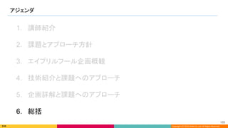 Copyright (C) 2022 DeNA Co.,Ltd. All Rights Reserved.
アジェンダ 
105 
1. 講師紹介
2. 課題とアプローチ方針
3. エイプリルフール企画概観
4. 技術紹介と課題へのアプローチ
5. 企画詳解と課題へのアプローチ
6. 総括
 
