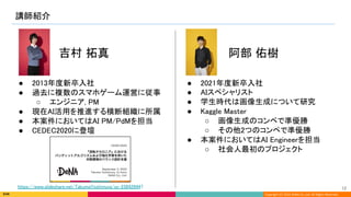 Copyright (C) 2022 DeNA Co.,Ltd. All Rights Reserved.
講師紹介 
12 
● 2021年度新卒入社 
● AIスペシャリスト 
● 学生時代は画像生成について研究
 
● Kaggle Master 
○ 画像生成のコンペで準優勝 
○ その他2つのコンペで準優勝 
● 本案件においてはAI Engineerを担当
 
○ 社会人最初のプロジェクト 
● 2013年度新卒入社 
● 過去に複数のスマホゲーム運営に従事
 
○ エンジニア, PM 
● 現在AI活用を推進する横断組織に所属
 
● 本案件においてはAI PM/PdMを担当
 
● CEDEC2020に登壇 
吉村 拓真  阿部 佑樹 
https://www.slideshare.net/TakumaYoshimura/ss-238429447
 
 