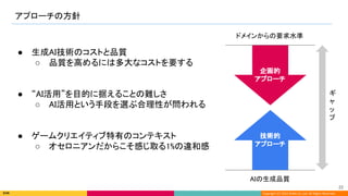 Copyright (C) 2022 DeNA Co.,Ltd. All Rights Reserved.
アプローチの方針 
22 
AIの生成品質 
ドメインからの要求水準  
ギ
ャ
ッ
プ 
技術的 
アプローチ 
企画的 
アプローチ 
● 生成AI技術のコストと品質 
○ 品質を高めるには多大なコストを要する 
 
 
● “AI活用”を目的に据えることの難しさ 
○ AI活用という手段を選ぶ合理性が問われる 
 
 
● ゲームクリエイティブ特有のコンテキスト 
○ オセロニアンだからこそ感じ取る1%の違和感 
 