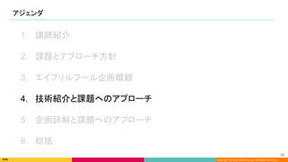 Copyright (C) 2022 DeNA Co.,Ltd. All Rights Reserved.
アジェンダ 
30 
1. 講師紹介
2. 課題とアプローチ方針
3. エイプリルフール企画概観
4. 技術紹介と課題へのアプローチ
5. 企画詳解と課題へのアプローチ
6. 総括
 