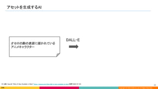 Copyright (C) 2022 DeNA Co.,Ltd. All Rights Reserved.
アセットを生成するAI 
33 
オセロの駒の表面に描かれている
アニメキャラクター
DALL-E 
※ 出典: OpenAI,“DALL·E Now Available in Beta”
, https://openai.com/blog/dall-e-now-available-in-beta/
, (参照 2022/07/25)
 
 