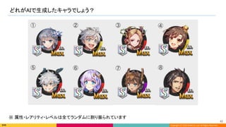 Copyright (C) 2022 DeNA Co.,Ltd. All Rights Reserved.
どれがAIで生成したキャラでしょう？ 
42 
※ 属性・レアリティ・レベルは全てランダムに割り振られています  
 