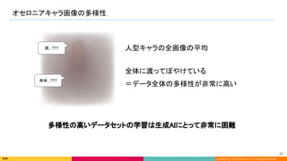 Copyright (C) 2022 DeNA Co.,Ltd. All Rights Reserved.
オセロニアキャラ画像の多様性　 
47 
全体に渡ってぼやけている
＝データ全体の多様性が非常に高い
人型キャラの全画像の平均 
多様性の高いデータセットの学習は生成AIにとって非常に困難 
頭...???
身体...???
 