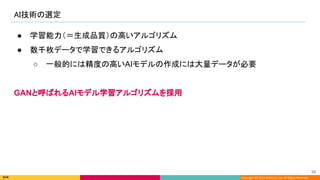 Copyright (C) 2022 DeNA Co.,Ltd. All Rights Reserved.
AI技術の選定 
50 
● 学習能力（＝生成品質）の高いアルゴリズム
● 数千枚データで学習できるアルゴリズム
○ 一般的には精度の高いAIモデルの作成には大量データが必要
GANと呼ばれるAIモデル学習アルゴリズムを採用
 