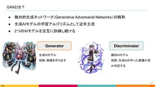 Copyright (C) 2022 DeNA Co.,Ltd. All Rights Reserved.
GANとは？ 
51 
● 敵対的生成ネットワーク（Generative Adversarial Networks）の略称
● 生成AIモデルの学習アルゴリズムとして近年主流
● 2つのAIモデルを交互に訓練し続ける
Discriminator
生成AIモデル 
役割：画像を作り出す  
識別AIモデル 
役割：生成AIが作った画像か否
か判定する 
Generator
 