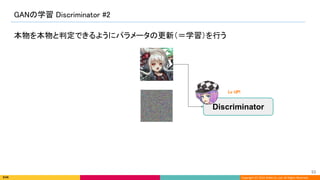 Copyright (C) 2022 DeNA Co.,Ltd. All Rights Reserved.
本物を本物と判定できるようにパラメータの更新（＝学習）を行う
GANの学習 Discriminator #2 
53 
Discriminator
Discriminator
Lv UP! 
 