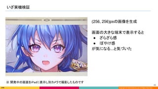 Copyright (C) 2022 DeNA Co.,Ltd. All Rights Reserved.
いざ実機検証 
69 
(256, 256)pxの画像を生成
画面の大きな端末で表示すると
● ざらざら感
● ぼやけ感
が気になる...と気づいた
※ 開発中の画面をiPadに表示し別カメラで撮影したものです  
 