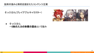 Copyright (C) 2022 DeNA Co.,Ltd. All Rights Reserved.
技術の強みと制約を踏まえたコンテンツ立案 
84 
そっくりさん(プレイアブルキャラクター) 
 
 
 
● そっくりさん 
→2枚の入力の形質の混合という強み 
 