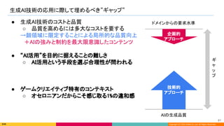 Copyright (C) 2022 DeNA Co.,Ltd. All Rights Reserved.
生成AI技術の応用に際して埋めるべき”ギャップ” 
AIの生成品質 
ドメインからの要求水準  
ギ
ャ
ッ
プ 
● 生成AI技術のコストと品質 
○ 品質を高めるには多大なコストを要する 
→顔領域に限定することによる局所的な品質向上 
　＋AIの強みと制約を最大限意識したコンテンツ 
 
● “AI活用”を目的に据えることの難しさ 
○ AI活用という手段を選ぶ合理性が問われる 
 
 
 
● ゲームクリエイティブ特有のコンテキスト 
○ オセロニアンだからこそ感じ取る1%の違和感 
技術的 
アプローチ 
企画的 
アプローチ 
87 
 